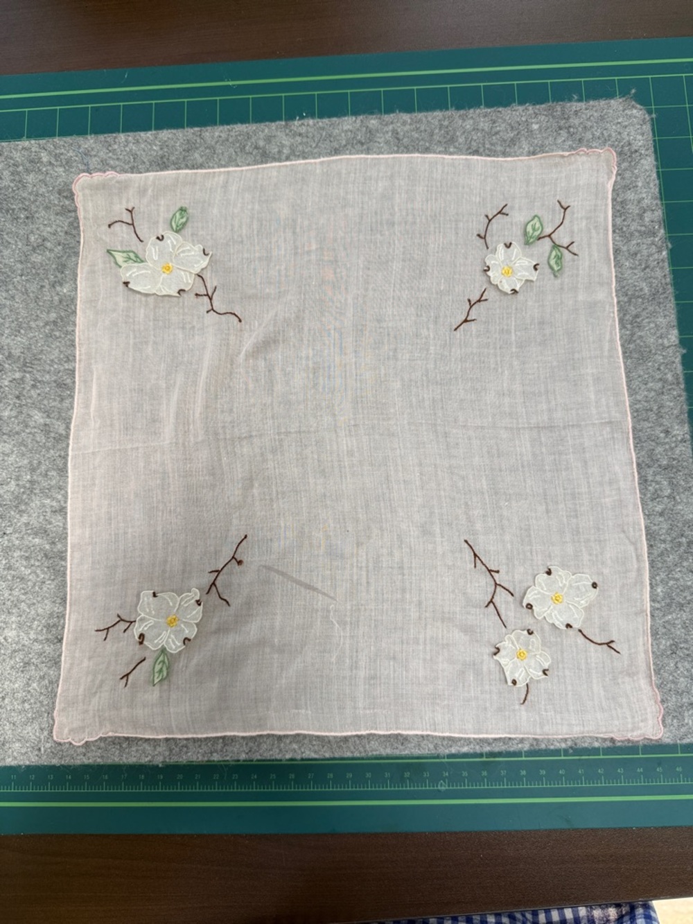 Embroidered Pink Vintage Handkerchief - 3-dimensional Dogwood Accents